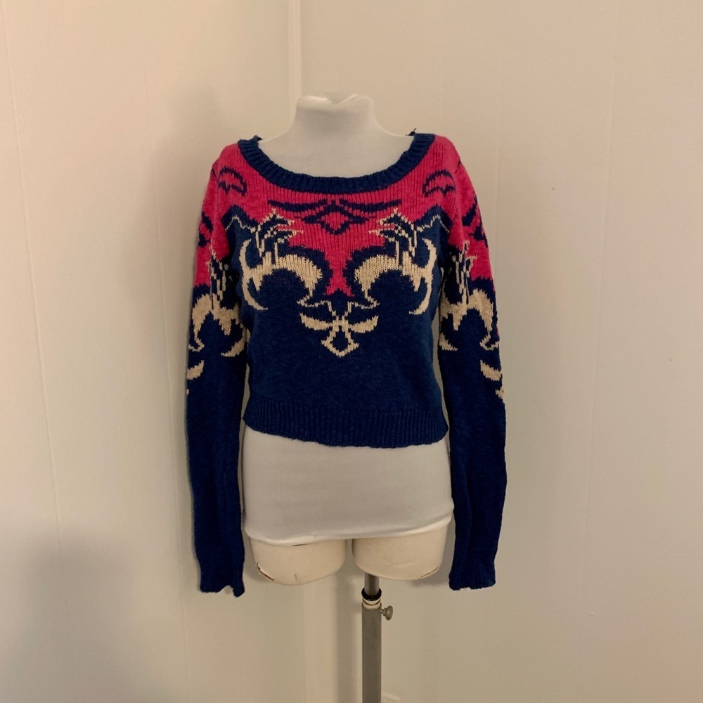Francescas Miami Crop Knit Pattern Sweater Purple Pink Abstract Boho Soft
